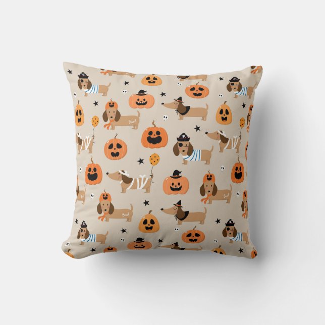 Dachshunds in Halloween Costumes Pattern Throw Pillow (Front)