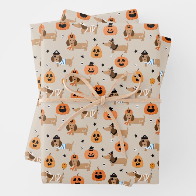 Dachshunds in Halloween Costumes Pattern Wrapping Paper Sheets (In situ)