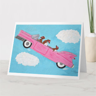 Dachshunds in Pink Convertible in the sky Card