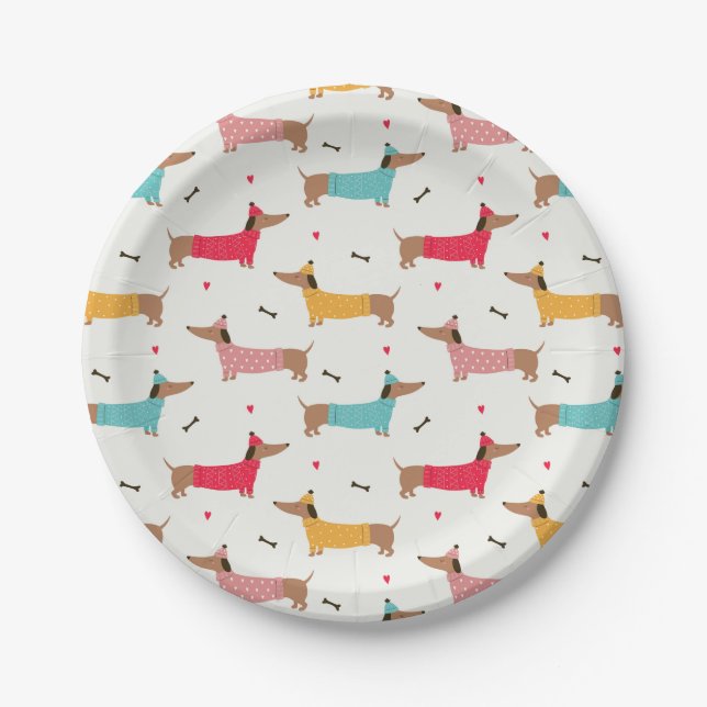 Dachshunds in Sweaters Holiday Pattern Paper Plates (Front)