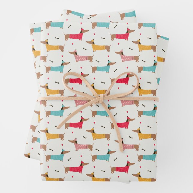 Dachshunds in Sweaters Holiday Pattern Wrapping Paper Sheets (In situ)