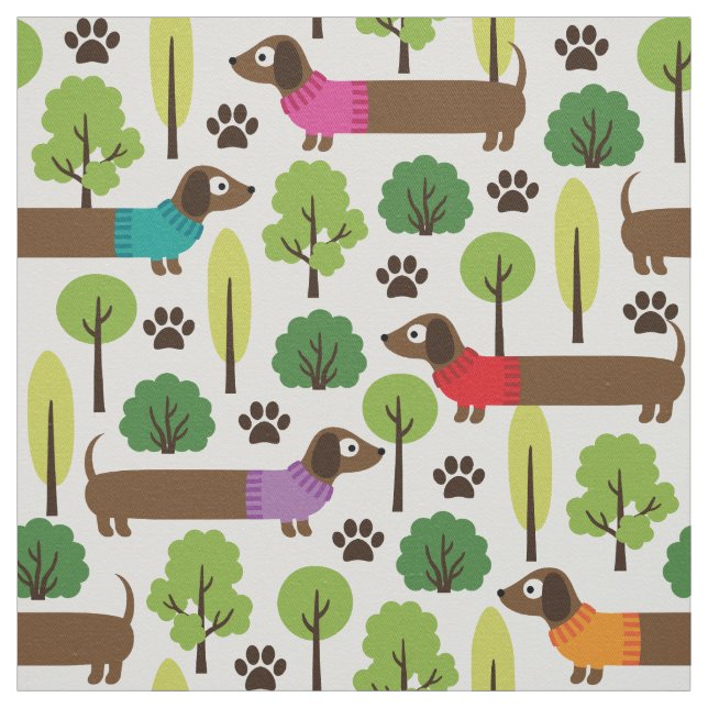 Dachshunds On A Walk In The Park Fabric (Swatch)