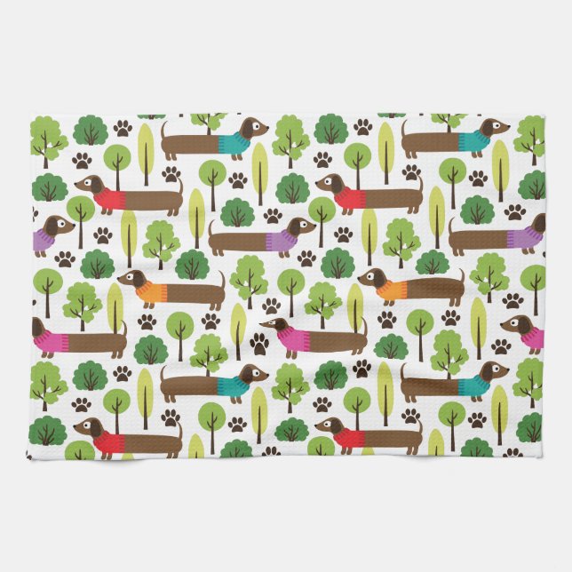 Dachshunds On A Walk In The Park Kitchen Towel (Horizontal)