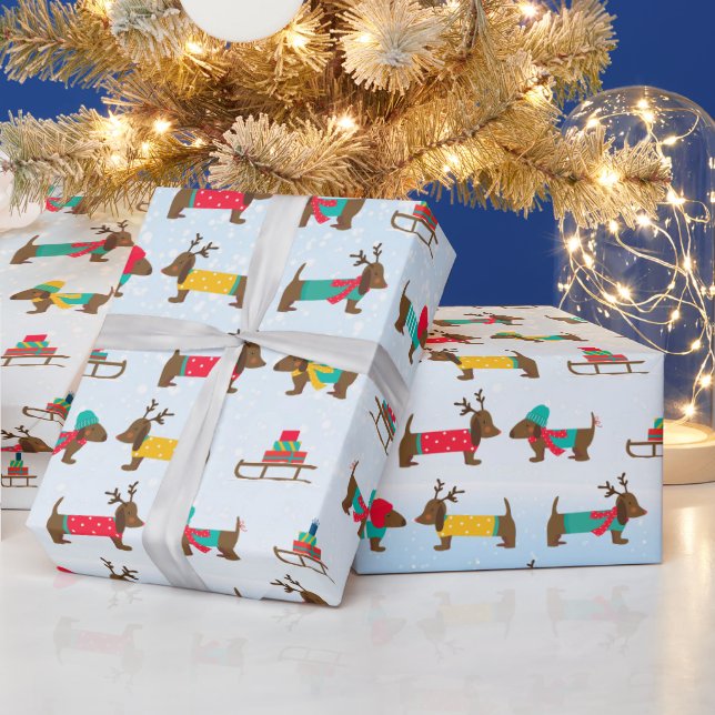 Dachshunds Reindeer Sledge Snow Christmas Pattern  Wrapping Paper (Holidays)