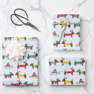 Dachshunds Reindeer Sledge Snow Christmas Pattern Wrapping Paper Sheets