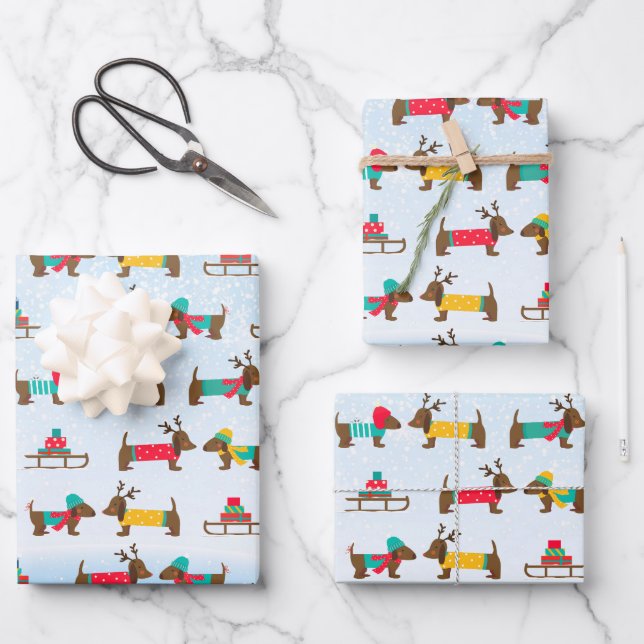 Dachshunds Reindeer Sledge Snow Christmas Pattern Wrapping Paper Sheets (Front)