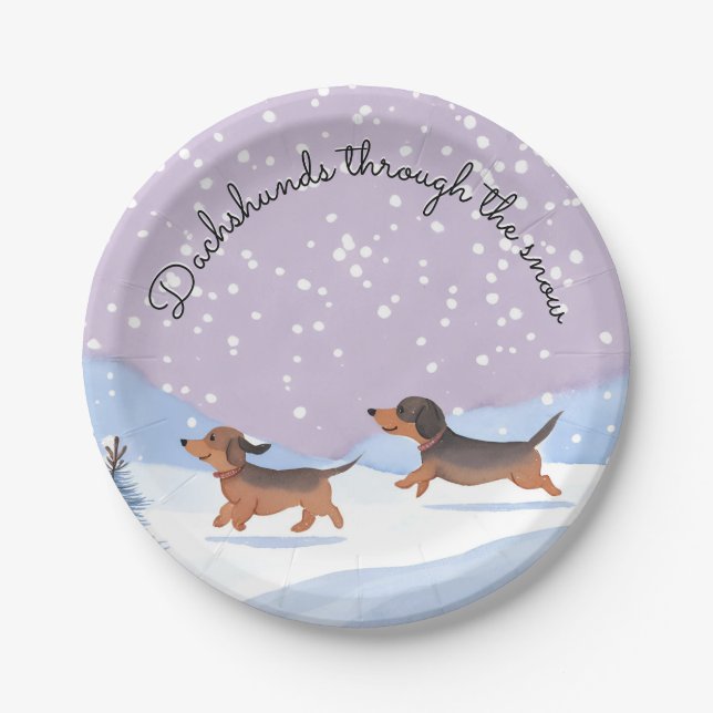 Dachshunds Snow Doxie Christmas Sausage Dogs Party Paper Plates (Front)