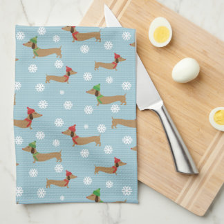 Dachshunds & Snowflakes on Blue Kitchen Towel