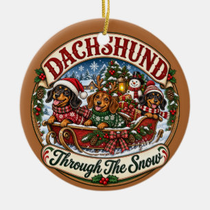 Dachshunds Through the Snow Festive Christmas Ceramic Ornament