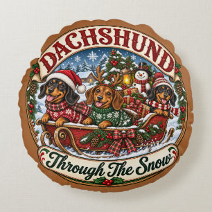 Dachshunds Through the Snow Festive Christmas Round Pillow