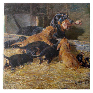 Dachshunds with Puppy in the Stable Hermine Bieder Ceramic Tile