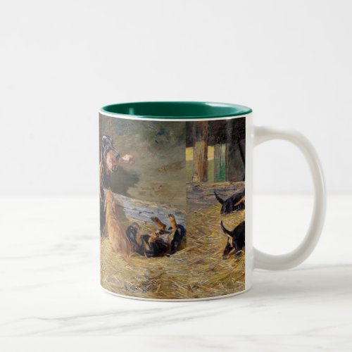 Dachshunds with Puppy in the Stable Hermine Bieder Two_Tone Coffee Mug