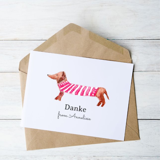 Dachsund Hand-Illustrated Folded Thank You Card (Say thank you with a German twist with our cute watercolor dachshund, hand-painted and unique!)