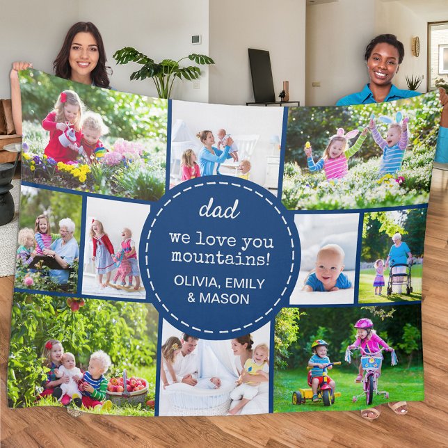 Dad 12 Photo Collage We Love You Blue Custom Fleece Blanket (Creator Uploaded)