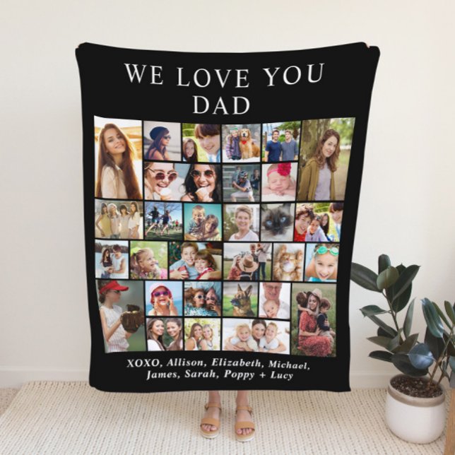 Dad 30 Photo Collage Black Fleece Blanket (Creator Uploaded)