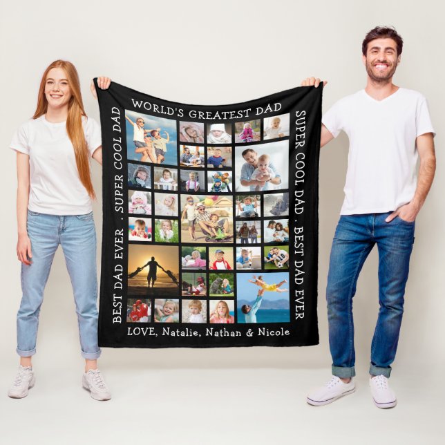 Dad 33 Photo Collage Custom Sayings Personalized Fleece Blanket (In Situ)