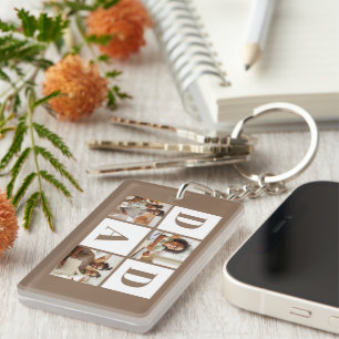 Dad 3 Photo Collage Bold Brown Typography Keychain