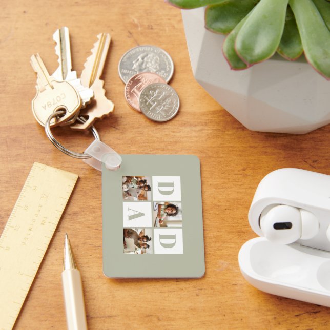 Dad 3 Photo Collage Sage Green Keychain (Desk)