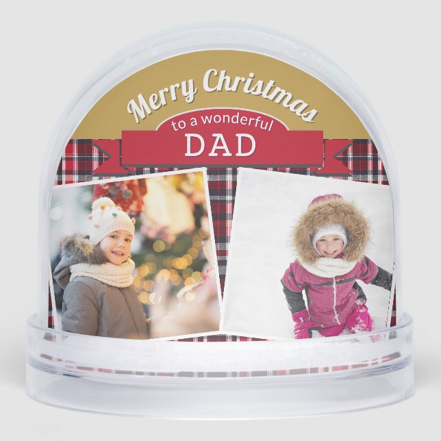 Dad 3 Photos Merry Christmas Tartan Personalized Snow Globe (Front)