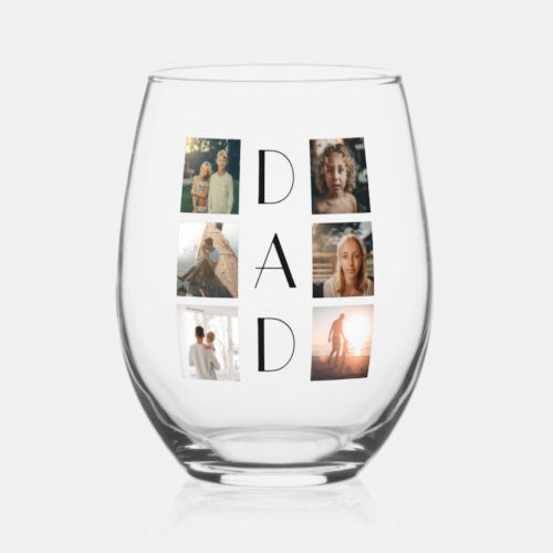 Dad 6 Photo Collage Cute Elegant Fathers Day Stemless Wine Glass