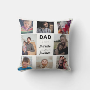 Dad A Son's First Hero Typography 8 Photo Collage Throw Pillow