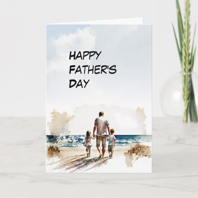 Dad and 2-chidren Stoll on a beach Father's Day Card (Front)