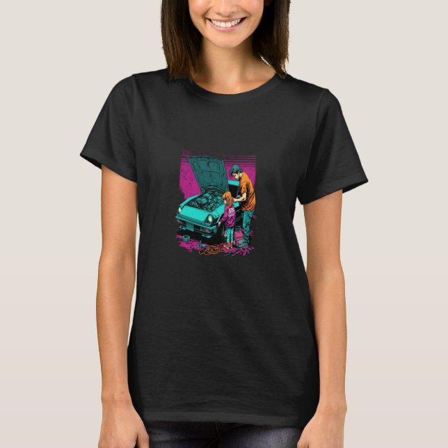 Dad and Daughter Fixing Car Retro Pop Car Mechanic T-Shirt (Front)