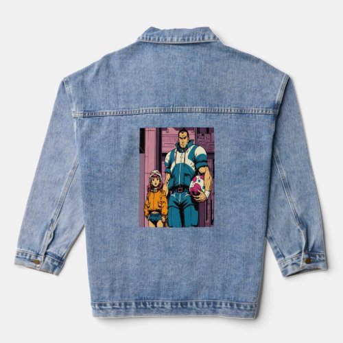 Dad and Daughter Playing Football Pop Style Footba Denim Jacket