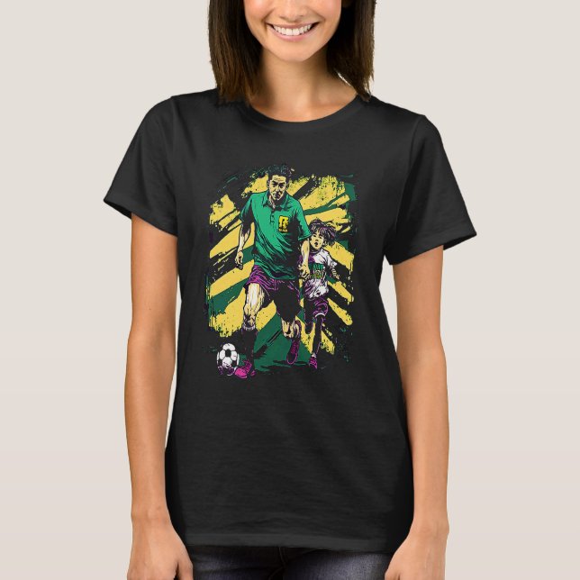 Dad and Daughter Playing Football Retro Pop Footba T-Shirt (Front)