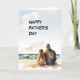 Dad and Daughter waves at beach Father's Day card