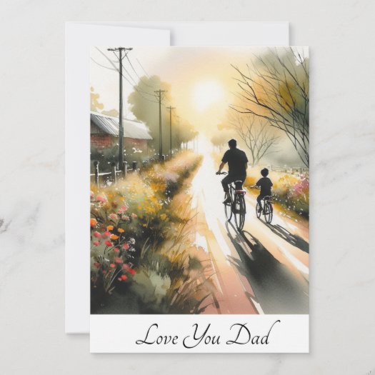 Dad and Kid Cycling on a Floral Path Watercolor