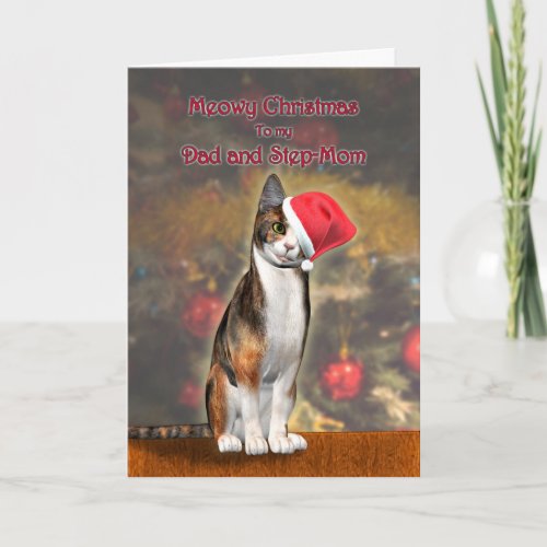Dad and stepmom a cat in a Christmas hat Holiday Card