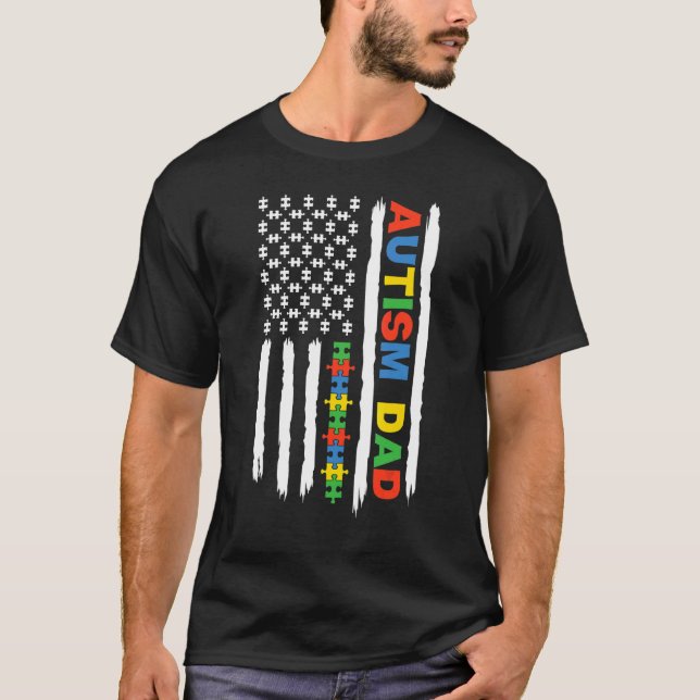 Dad Autism Awareness American Flag For Daddy T-Shirt (Front)