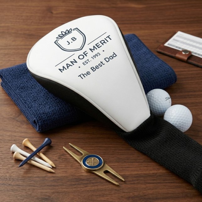 Dad Birthday Monogram Initials Name Man Of Merit Golf Head Cover (Golf club cover on a table with golf accessories.)