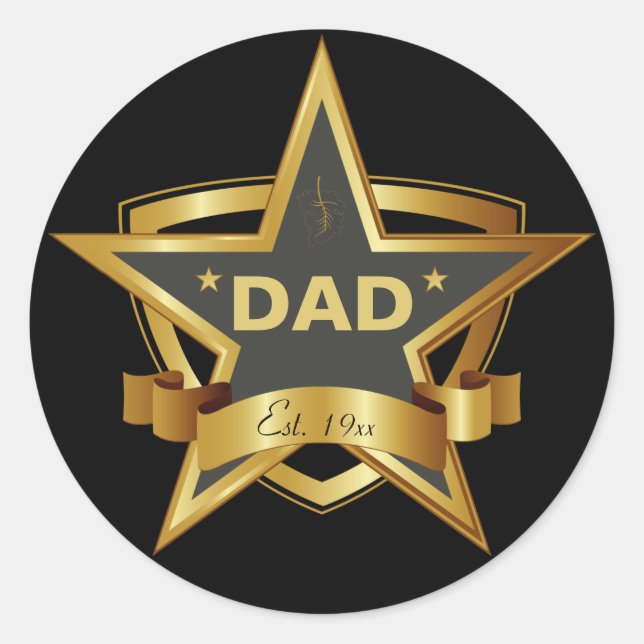 Dad Black and Gold Star Round Stickers (Front)