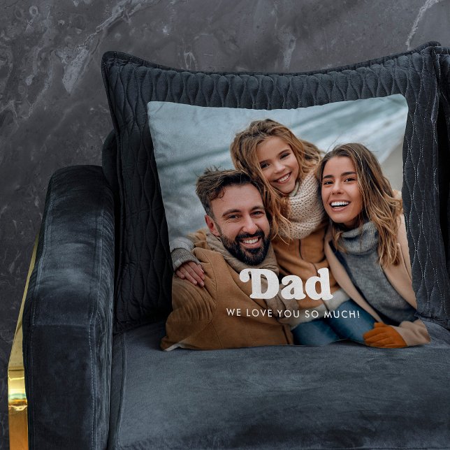 Dad | Boho Text Overlay with Two Photos Throw Pillow (Creator Uploaded)