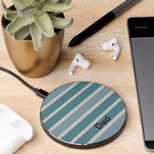 Dad Brown Text and Blue Stripes Wireless Charger