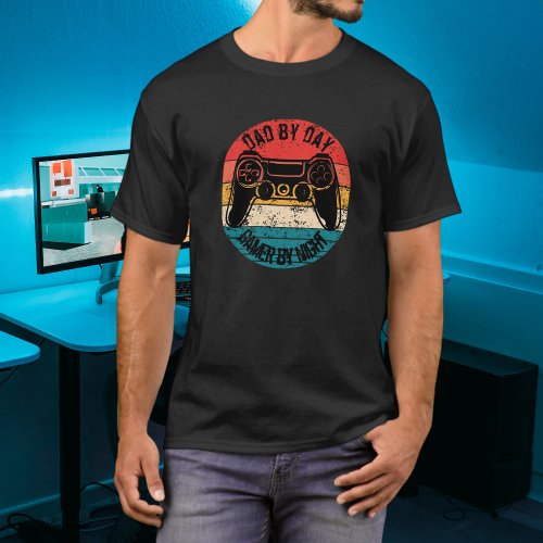 Dad by Day Gamer by Night Black Letters T_Shirt