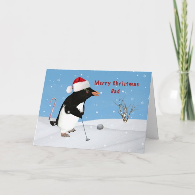 Dad, Christmas, Penguin Playing Golf Holiday Card (Front)