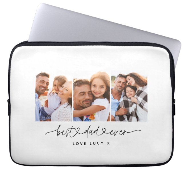 dad cute modern script multi photo gift laptop sleeve (Front)