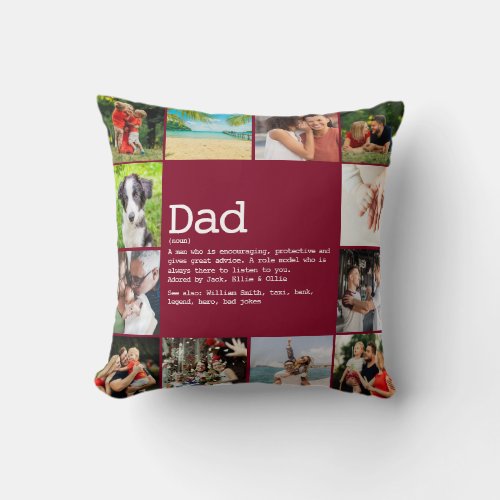 Dad Definition 12 Photo Collage Burgundy Throw Pillow