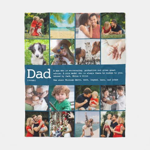 Dad Definition 16 Photo Collage Blue Fleece Blanket