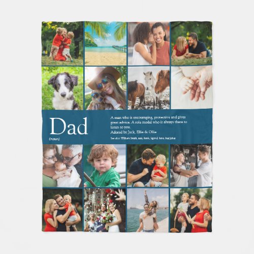 Dad Definition Quote Photo Collage Blue Fleece Blanket