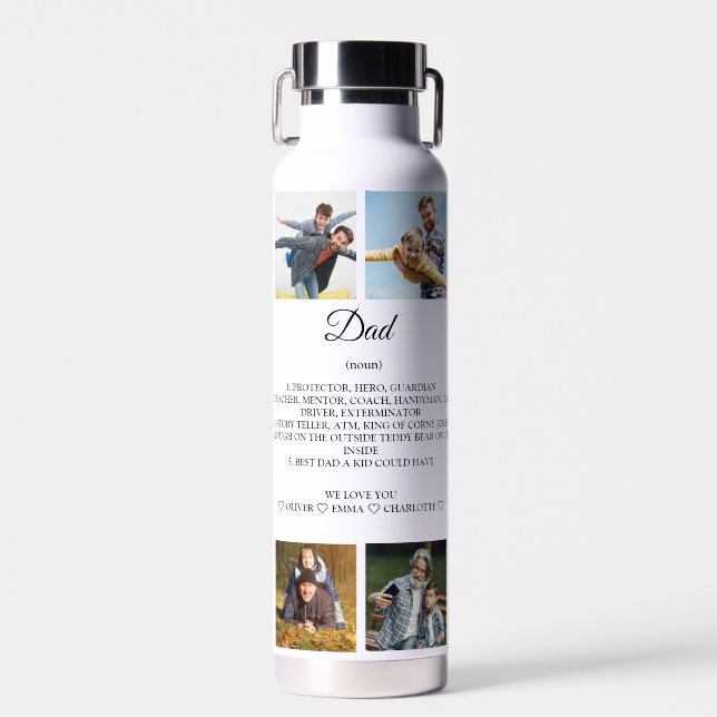 Dad Definition with Custom 4 Photo & Names Water Bottle (Front)