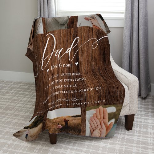 Dad Dictionary Definition Photo Collage Woodgrain Fleece Blanket