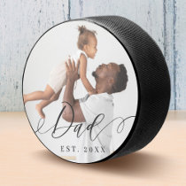 Dad Elegant Script Minimal Father's Day Gift Photo Hockey Puck