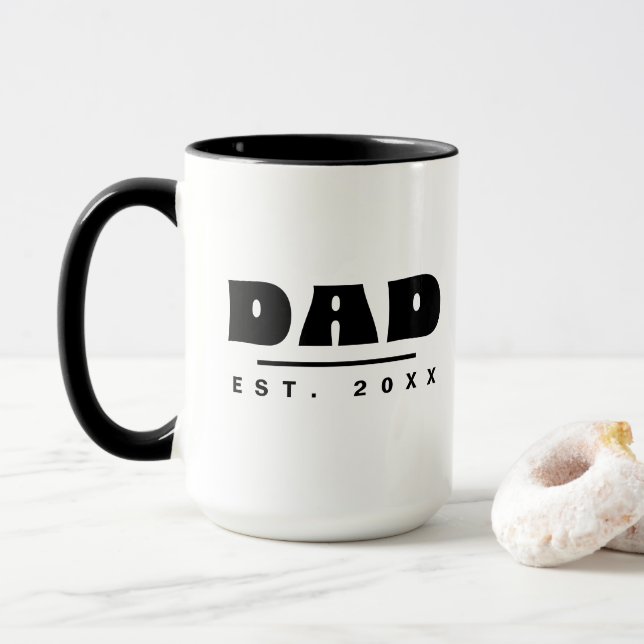 DAD Est. 20XX Modern Typography Black & White Mug (With Donut)