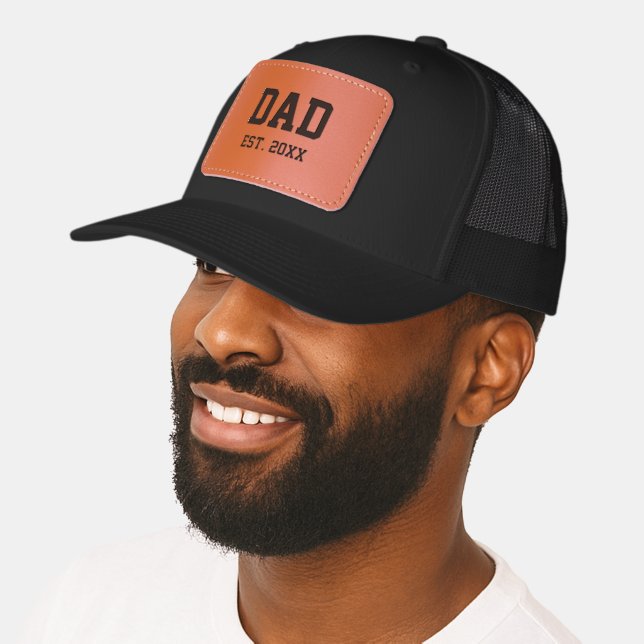 Dad Est. 20xx (Year He Became a Father) Text Leather Patch Hat (Male)