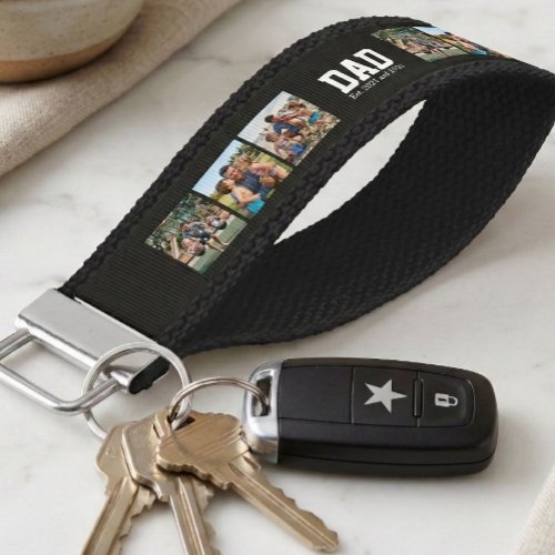 Dad Est. Bold White Font 3 Photo Fathers Day Gift  Wrist Keychain