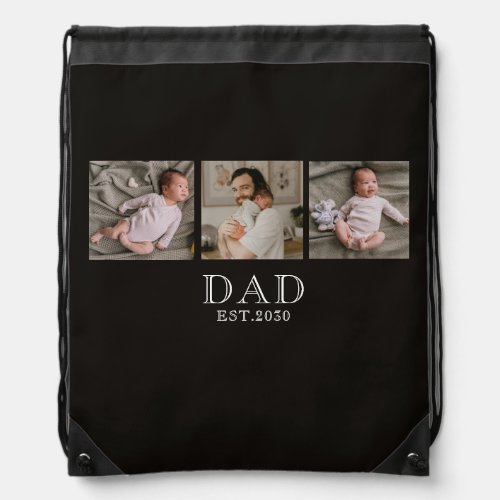 Dad Established 3 Photo Black  Drawstring Bag